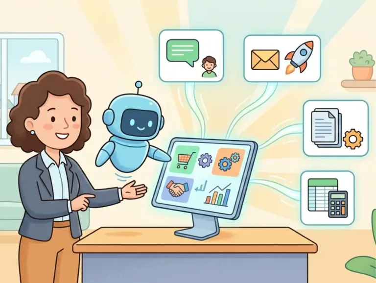 Illustration d'une femme accompagnée d'un robot IA lui montrant les nombreuses possibilités de l'IA pour les PME sur un ordinateur