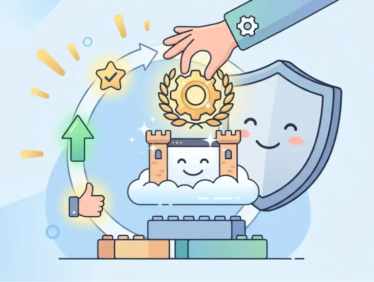 Illustration d'un bouclier derrière un site web WordPress couronné de succès grâce aux mises à jour bien réalisées