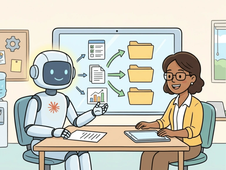 Illustration d'un robot avec un logo Claude parlant à quelqu'un devant un tableau de toutes les possibilités de l'IA pour les PME