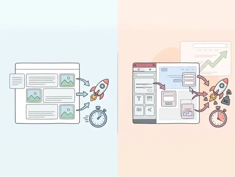 Illustration comparant d'un côté gauche une page Gutenberg et du côté droit une page Elementor sur WordPress