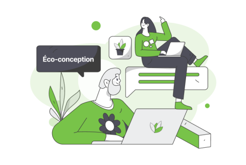 Illustration de personnages discutant de l'éco-conception web et des sites éco-conçus de Lemon Interactive