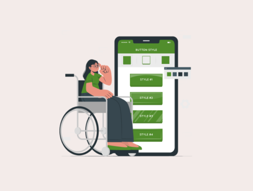 Illustration du numérique accessible à tous avec un téléphone et une femme en fauteuil roulant devant.