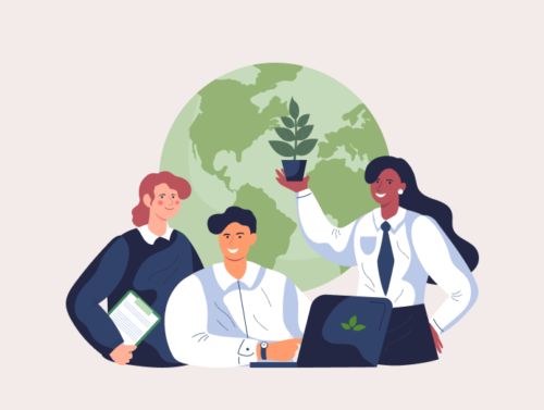 Illustration de 3 personnes qui prennent consciences des enjeux  environnementaux devant une planète et une plante dans la main.